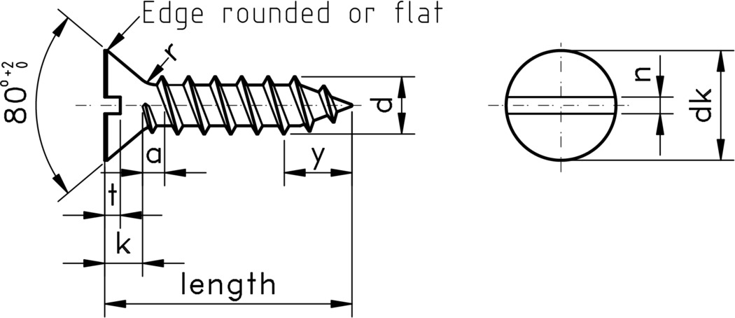 technical drawing of Slotted Countersunk Self Tapping Screws - DIN 7972
