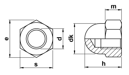 technical drawing of Dome Nuts DIN 1587