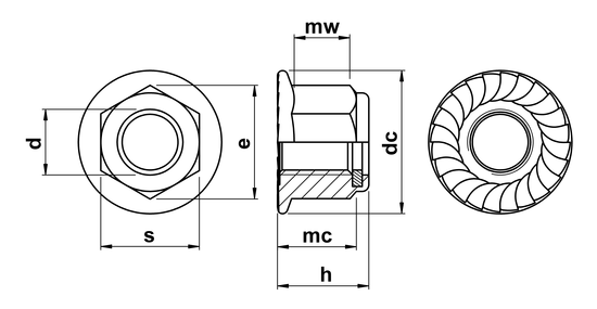 technical drawing of Hex Serrated Flange Nuts with Nylon Insert DIN 6926