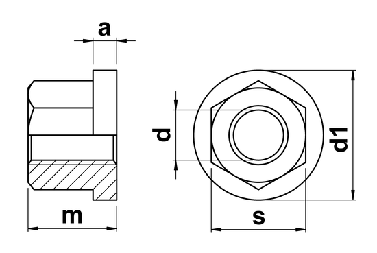 technical drawing of Hexagon Nut with Collar and height 1.5 x thread diameter DIN 6331