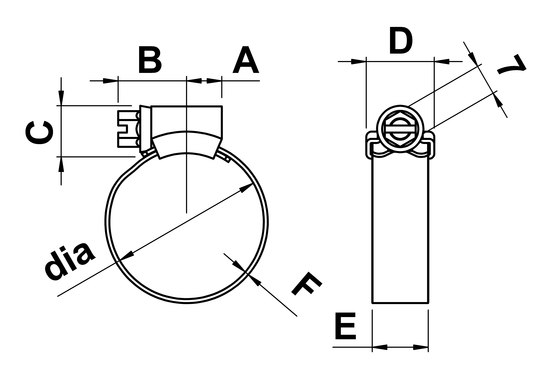 technical drawing of JCS HiGrip Hose Clips 316 Stainless Steel