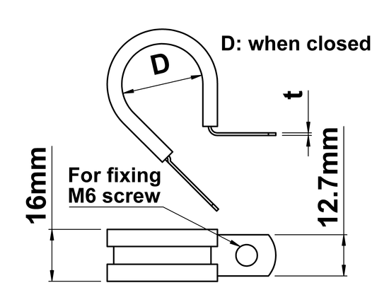 technical drawing of P Clips Rubber Lined in 316 (A4) Stainless Steel