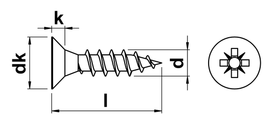 technical drawing of Pozidrive Countersunk Chipboard Screws