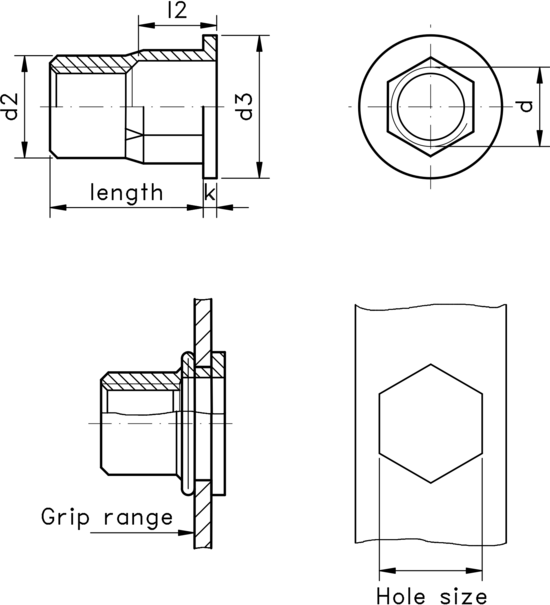 technical drawing of Rivet Nut Hex with Flat Head, Open Type