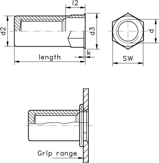 technical drawing of Rivet Nut Hex with Small Countersunk Head, Open Type