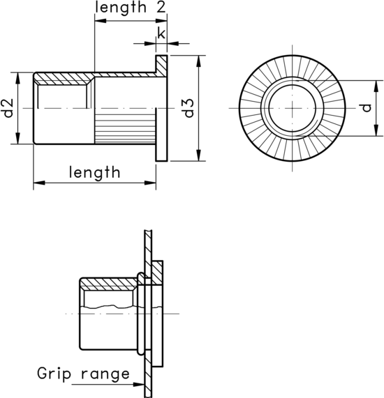technical drawing of Rivet Nut Knurled with Flat Head, Open Type
