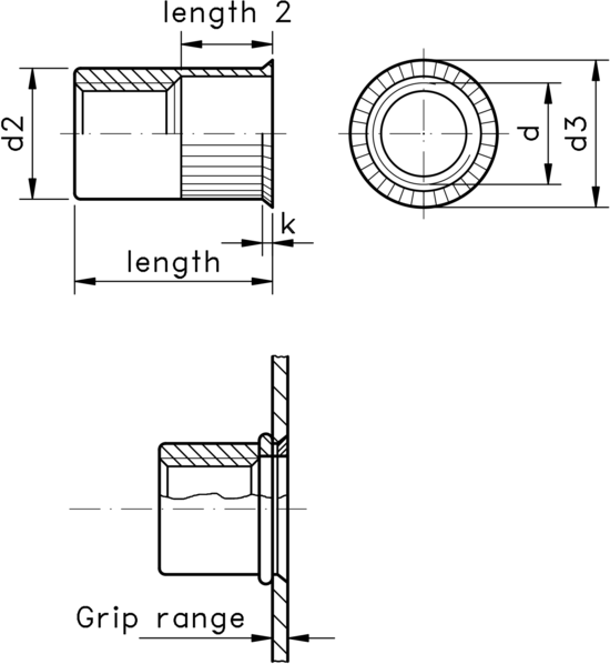 technical drawing of Rivet Nut Knurled with Reduced Countersunk Head, Open Type