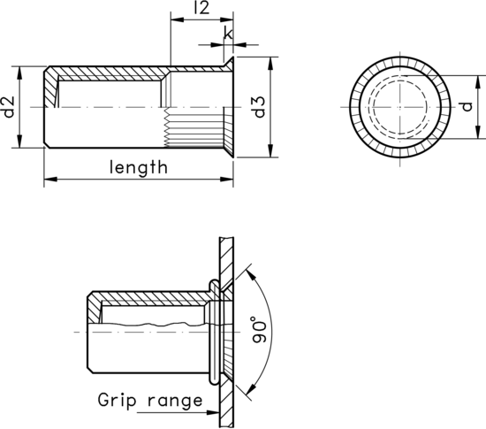 technical drawing of Rivet Nut Small Countersunk Head, Closed Type