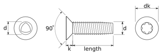technical drawing of Six Lobe or Torx Csk Thread Rolling Screws for Metal DIN 7500 Type ME-T