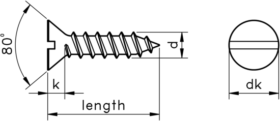 technical drawing of Slotted Csk Self Tapping Screws Type C 