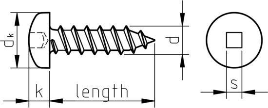 technical drawing of Square Drive Pan Head Self Tapping Screws Type C Point & AB Thread