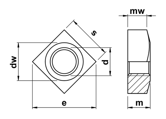 technical drawing of Square Nuts DIN 557