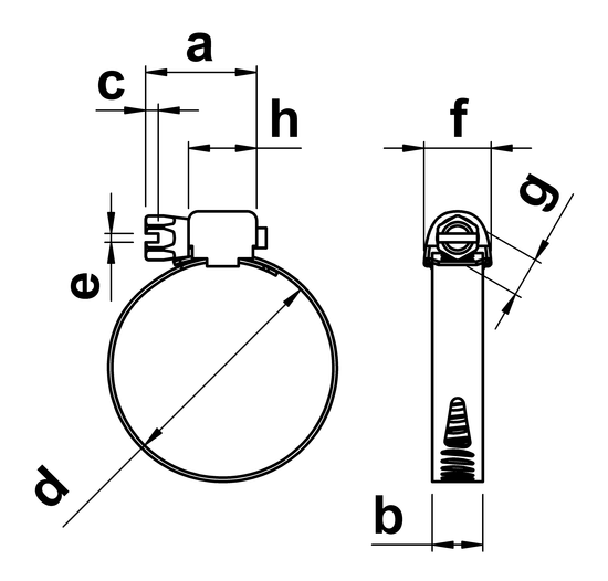 technical drawing of T350 Hose Clips 5/16inch band in Stainless Steel