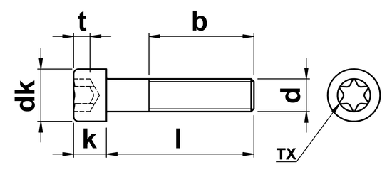 technical drawing of Torx Head Cap Screws ISO 14579 (sim. DIN 912)