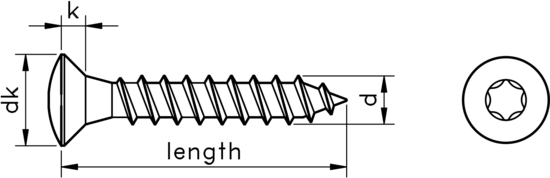 technical drawing of Torx Raised Countersunk Chipboard Screws